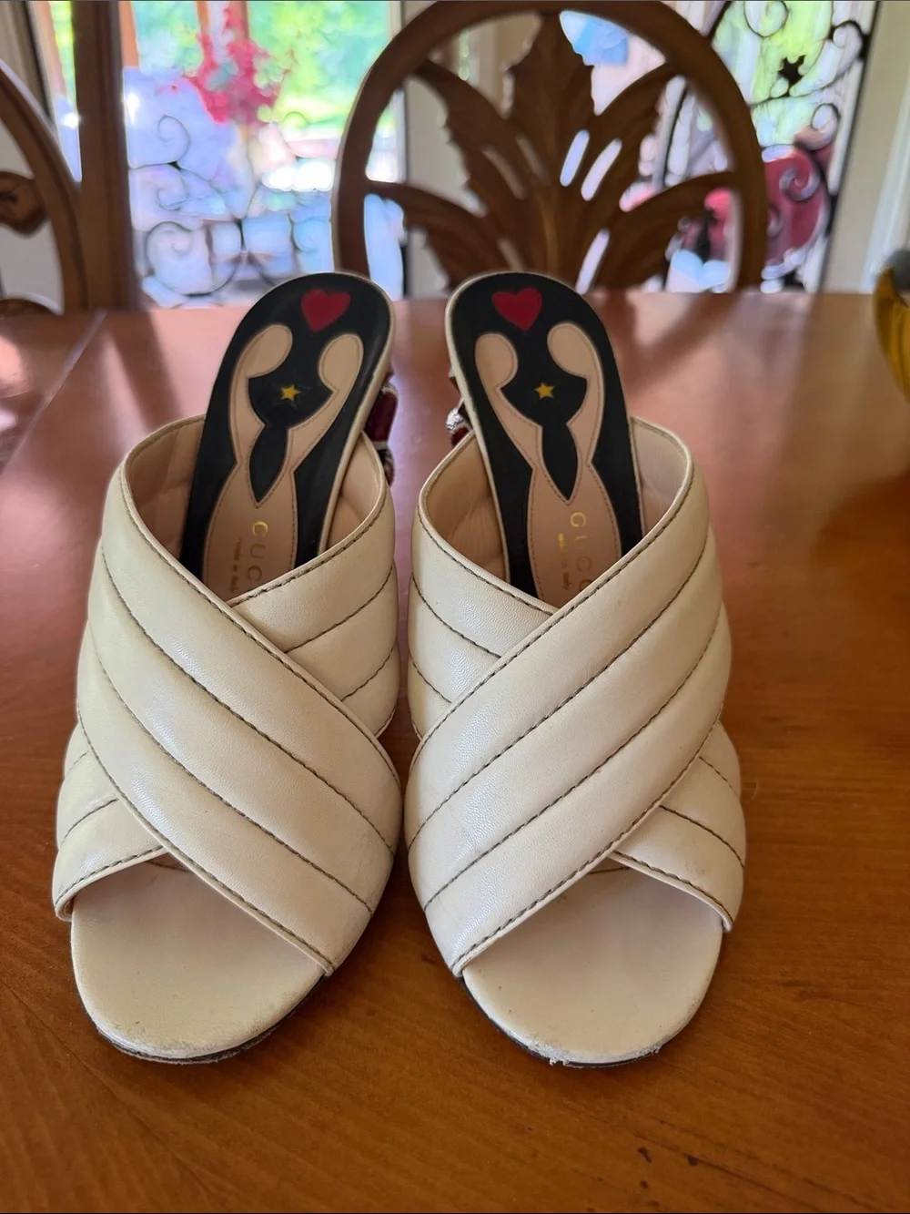 Gucci Cream Slip-On Heels with Red & Black Embellished Snake-Detail Heel - Picture 6 of 10